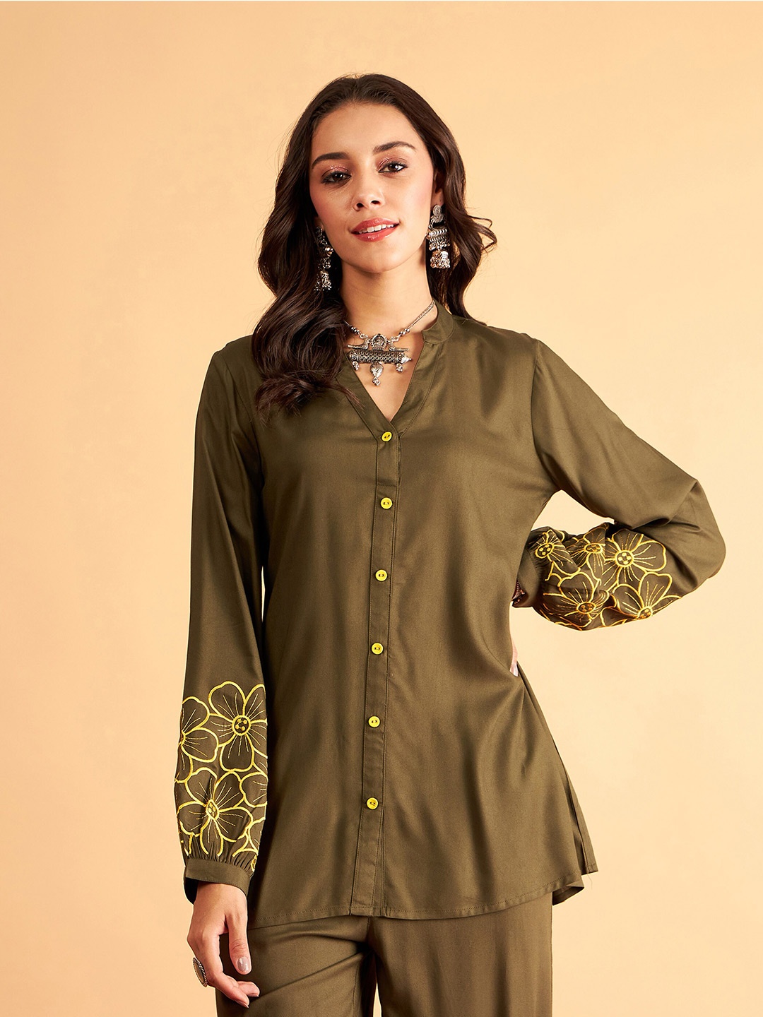 

Shae by SASSAFRAS Embroiered Mandarin Collar Shirt, Olive