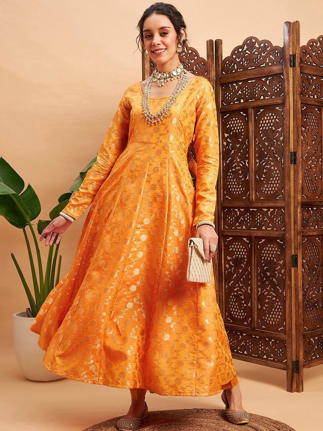 

Shae by SASSAFRAS Floral Woven Design Jacquard Anarkali Kurta, Mustard