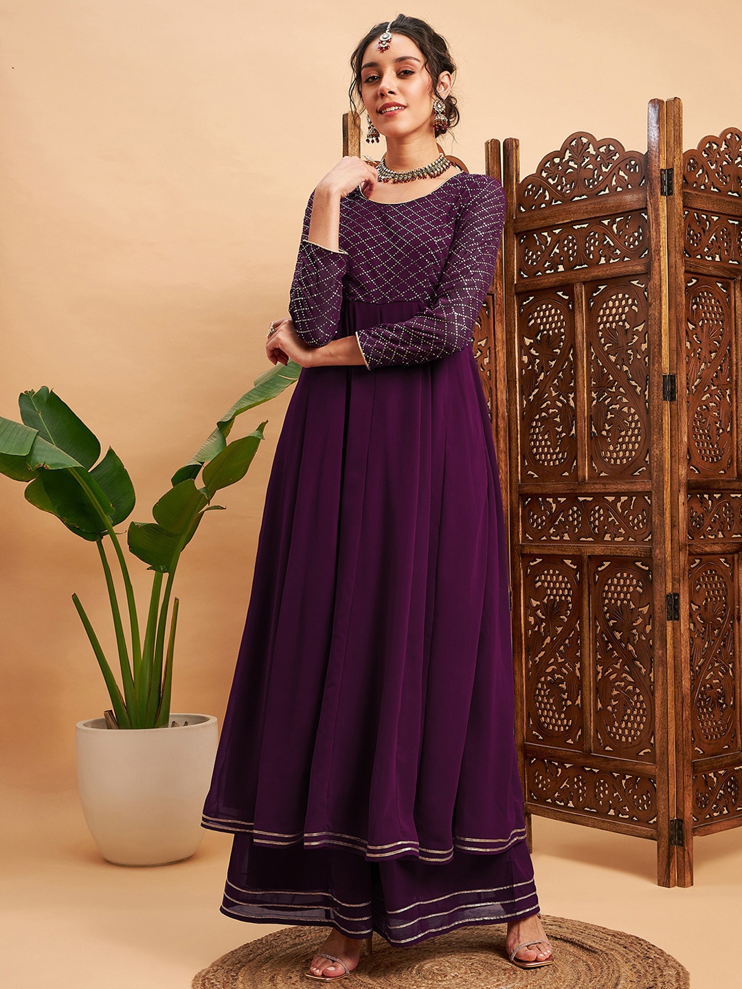 

Shae by SASSAFRAS Striped Yoke Design Sequinned Flared Georgette Anarkali Kurta, Burgundy