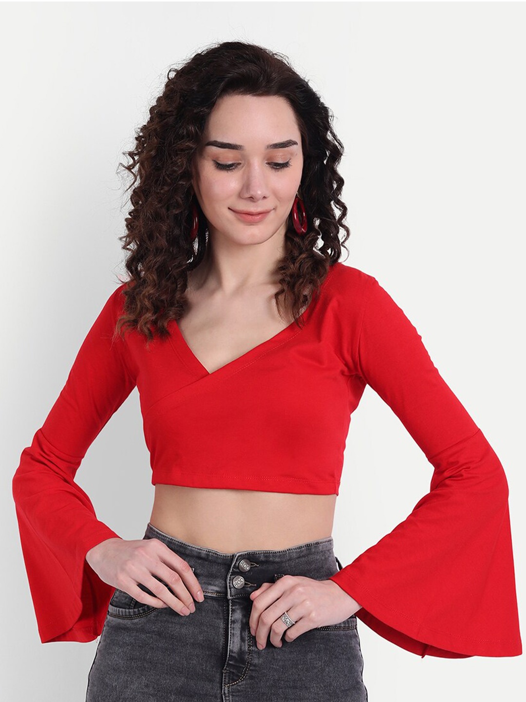 

COLOR CAPITAL V Neck Bell Sleeve Wrap Crop Top, Red