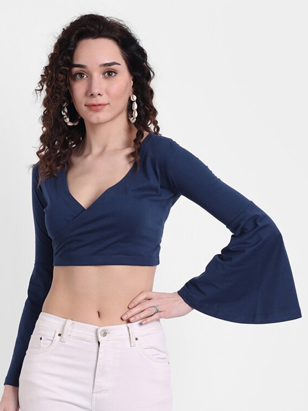 COLOR CAPITAL V Neck Bell Sleeve Wrap Crop Top, Navy blue