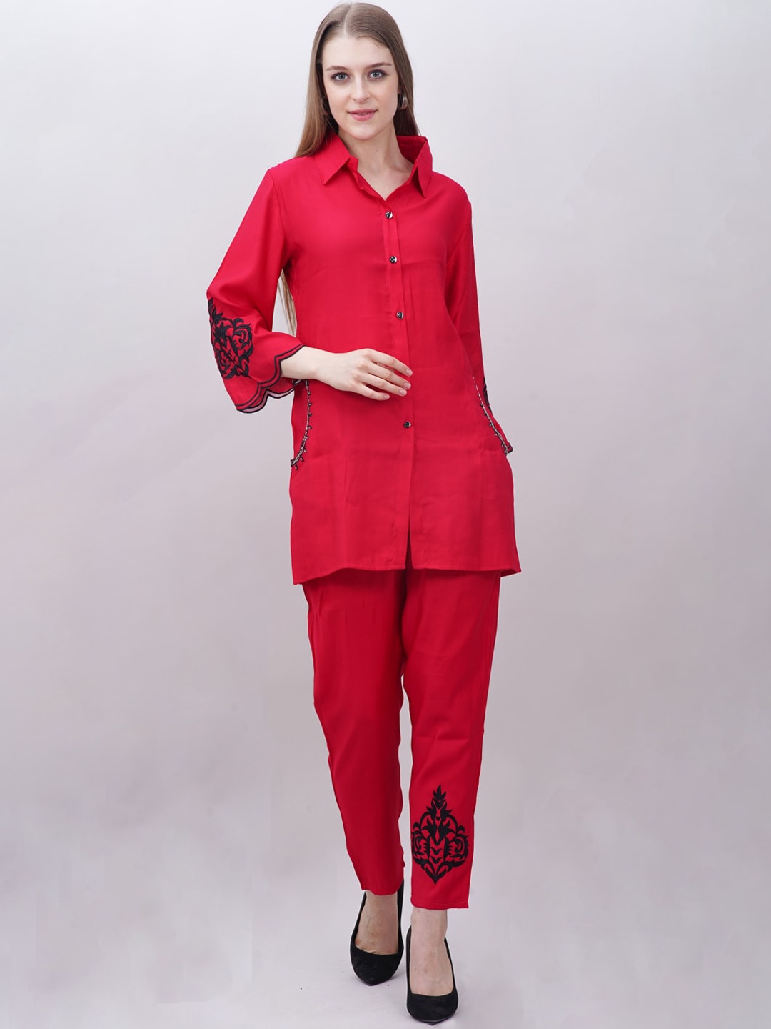 

Ashnaina Shirt Collar Neck Tunic With Trouser, Red