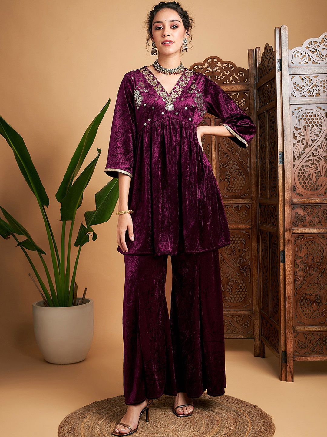 

Shae by SASSAFRAS Floral Embroidered Tunic Top With Flared Palazzos Co-Ords, Purple
