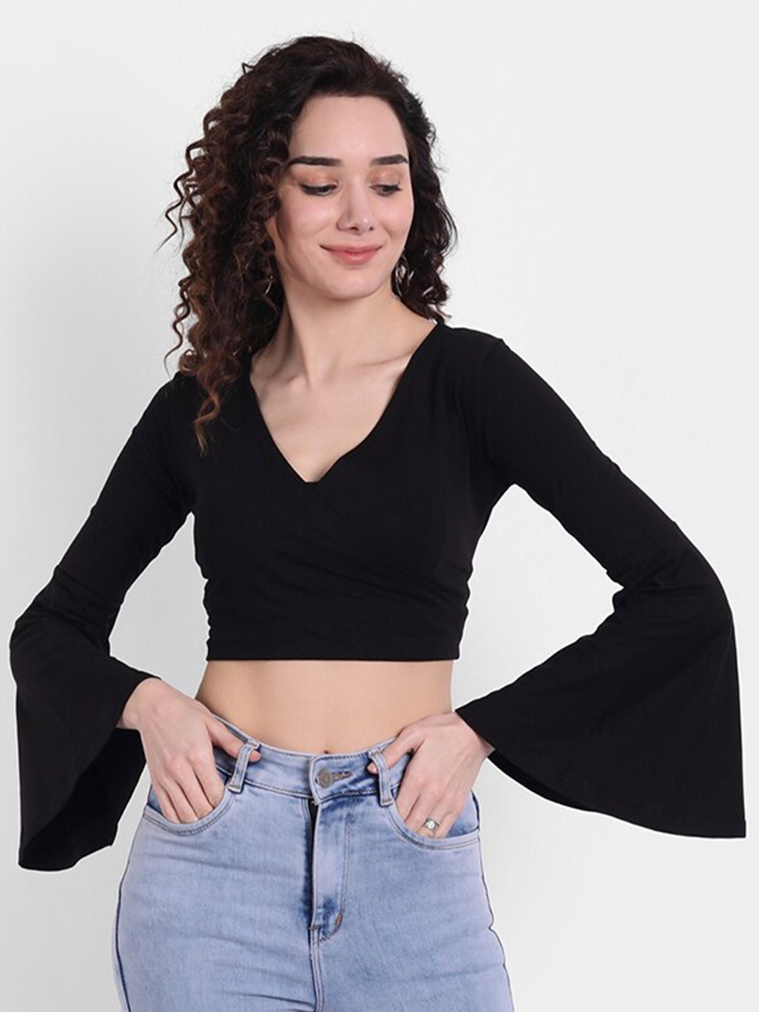 COLOR CAPITAL V Neck Bell Sleeve Wrap Crop Top, Black