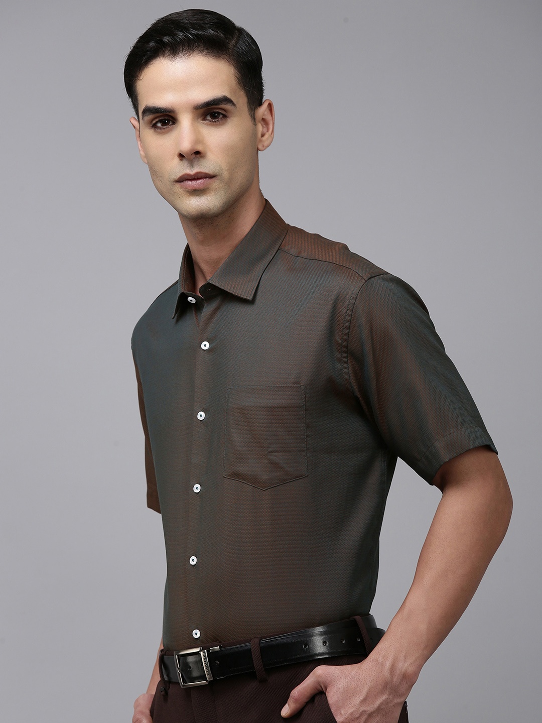 

Van Heusen Custom Fit Textured Opaque Pure Cotton Formal Shirt, Olive