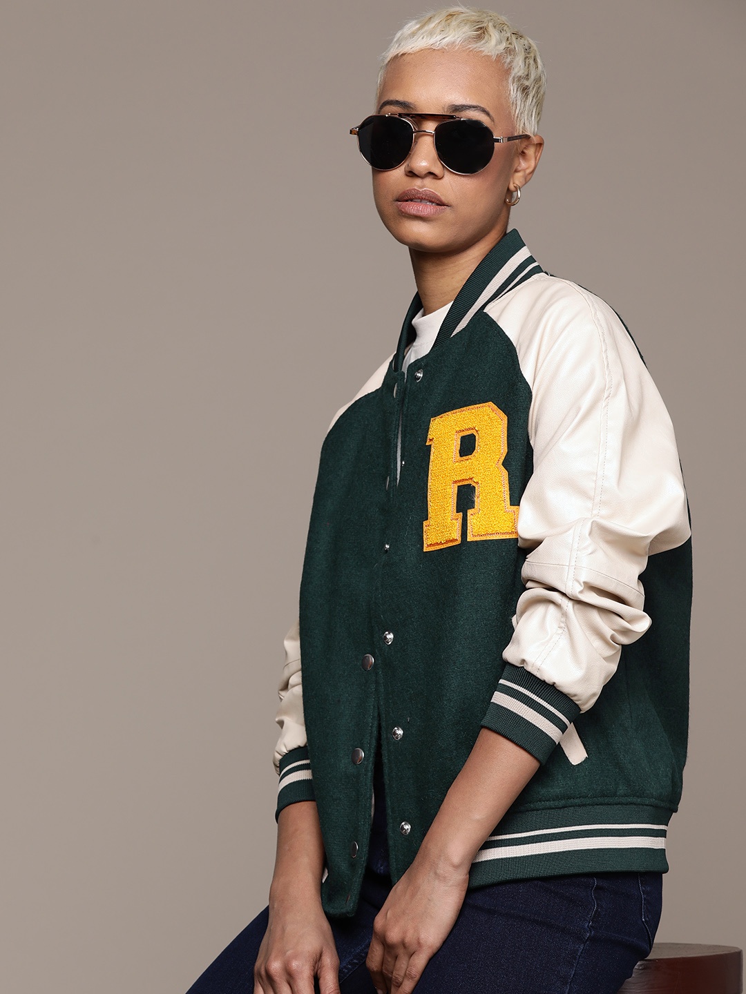 

Roadster Women Colourblocked Varsity Jacket with Embroidered Jacket, Green