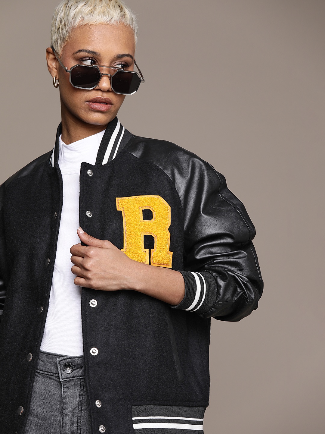 

Roadster Women Colourblocked Varsity Jacket with Embroidered, Black