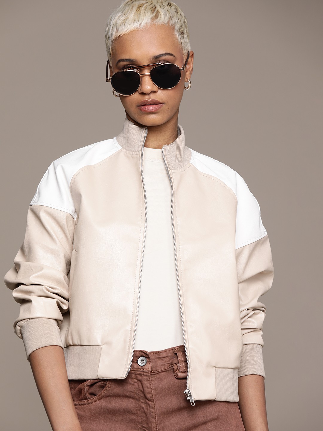 

Roadster Women Colourblocked Bomber Jacket, Beige