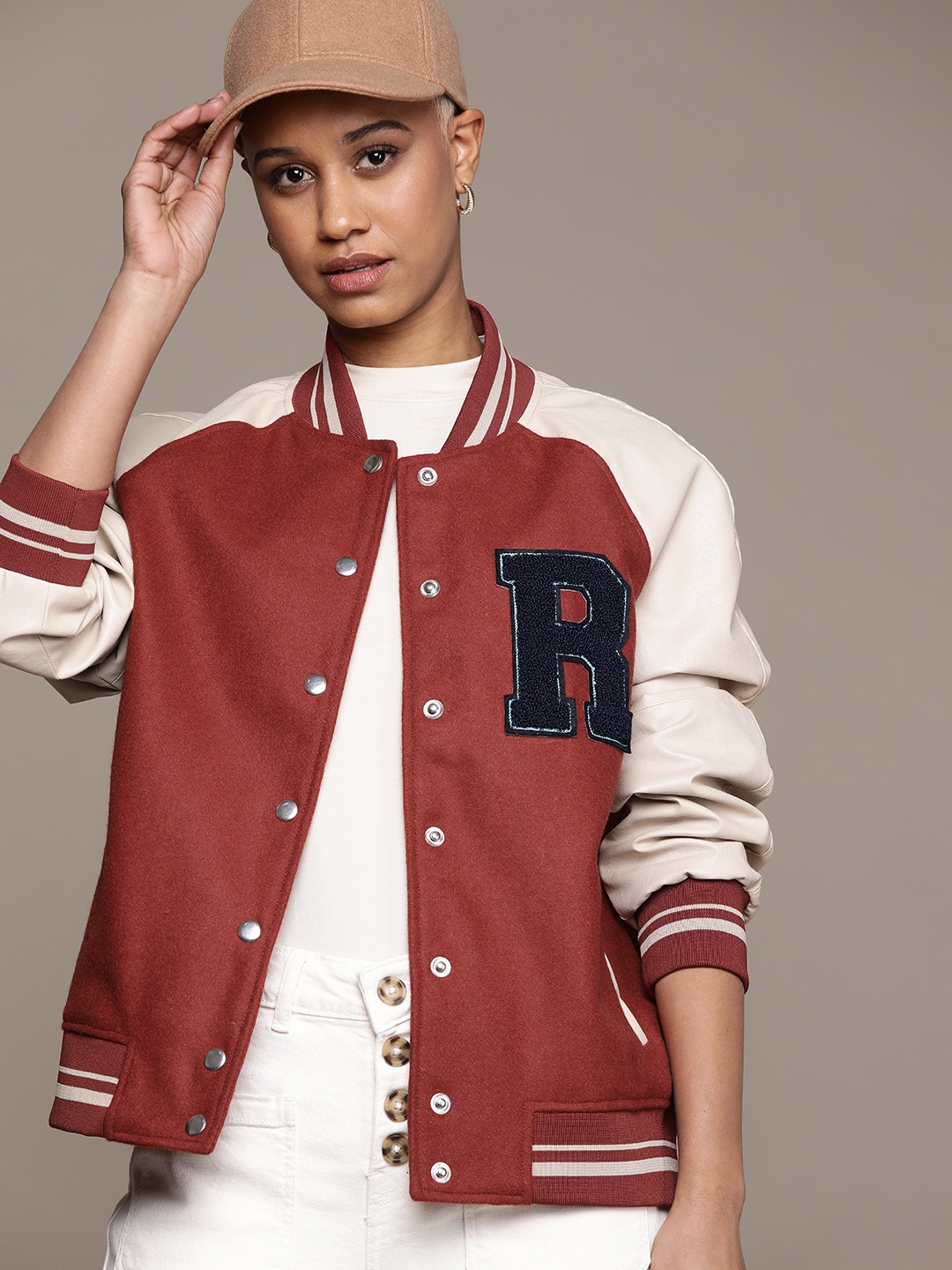 

Roadster Women Colourblocked Varsity Jacket with Embroidered Jacket, Orange