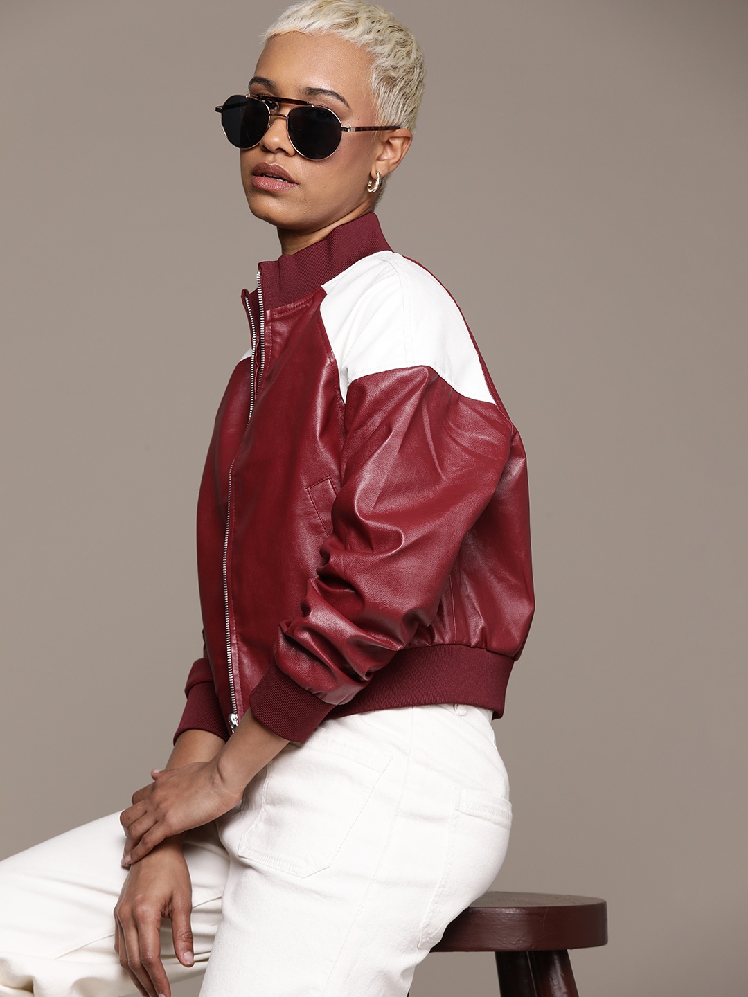 

Roadster Women Colourblocked Bomber Jacket, Maroon