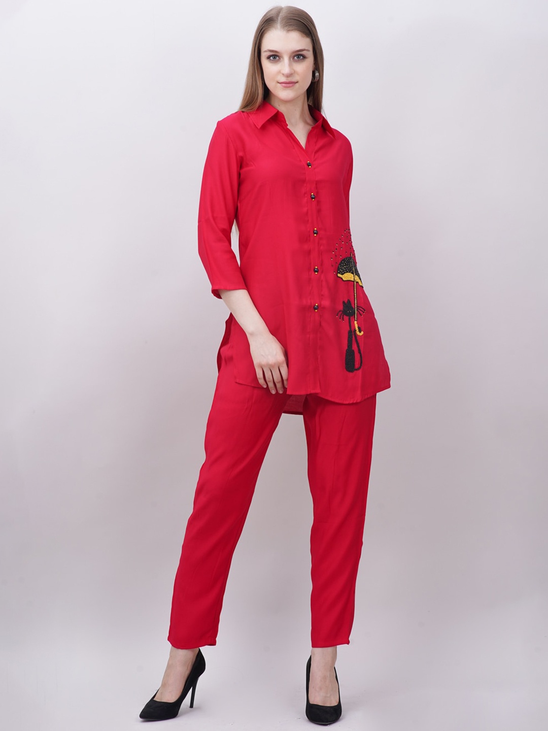 

Ashnaina Shirt Collar Neck Tunic With Trouser, Red