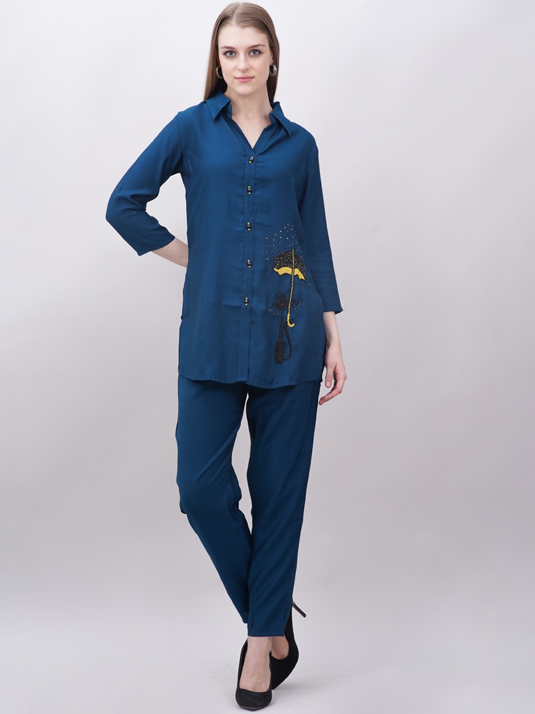 

Ashnaina Shirt Collar Neck Tunic With Trouser, Blue