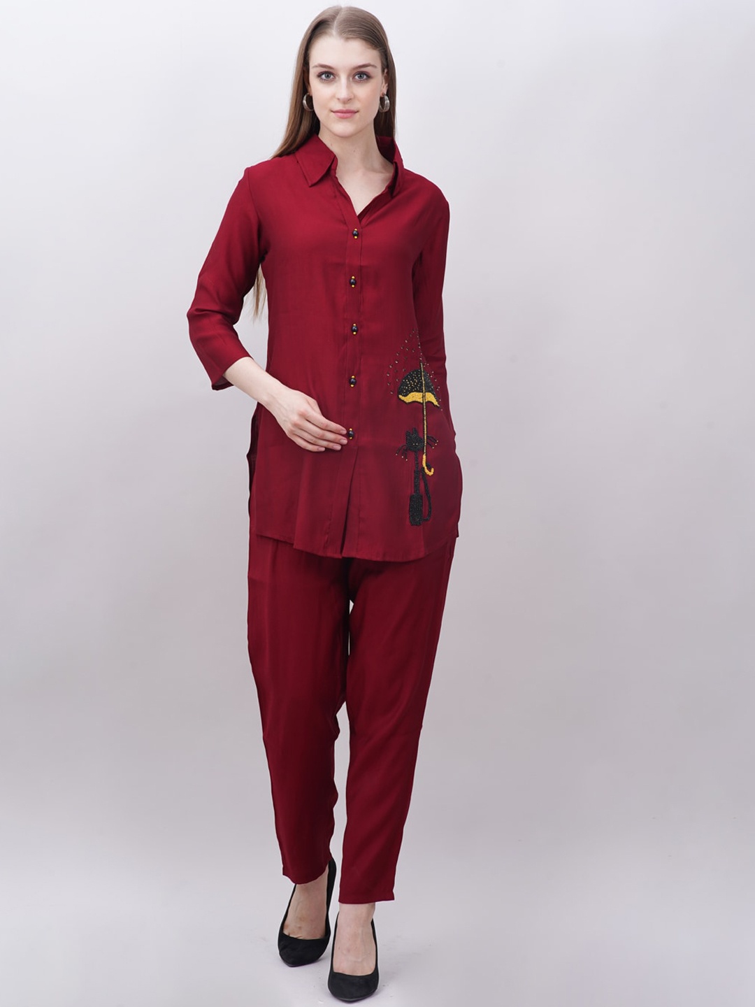 

Ashnaina Embroidered Shirt Collar Tunic With Trouser, Maroon