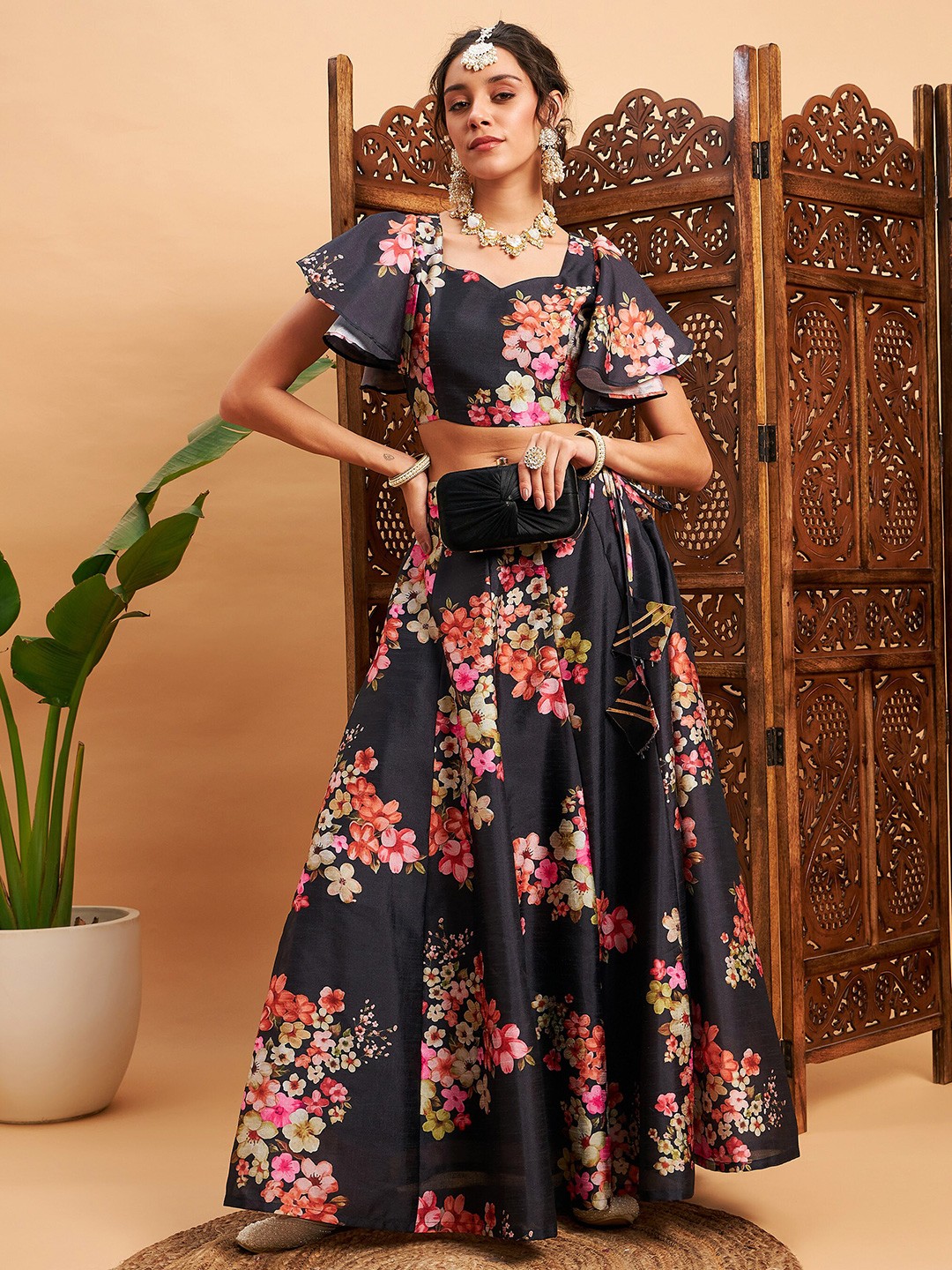 

Shae by SASSAFRAS Floral Printed Ready To Wear Lehenga & Choli, Black
