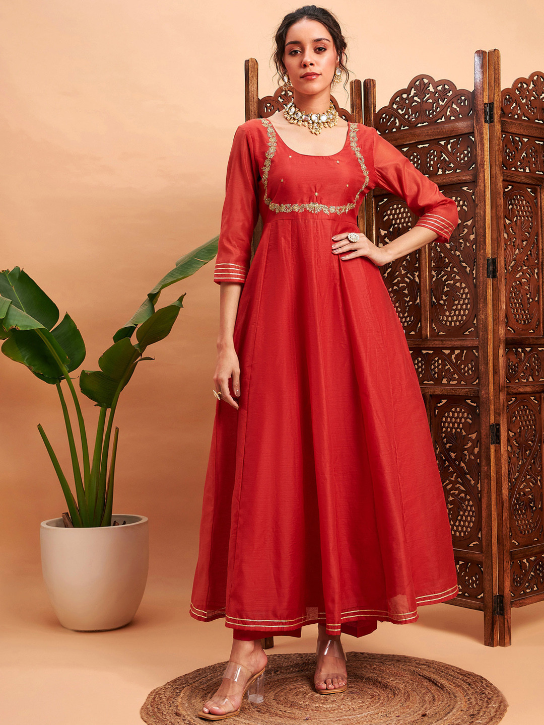 

Shae by SASSAFRAS Rust Embroidered Chanderi Silk Anarkali Kurta