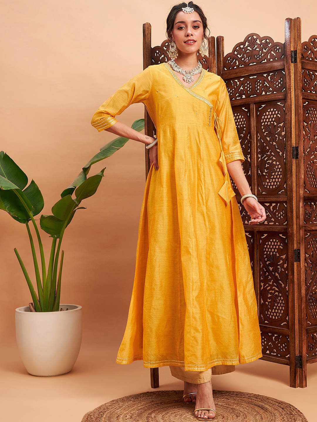 

Shae by SASSAFRAS Yellow Yoke Design Embroidered Angrakha Chanderi Silk Anarkali Kurta