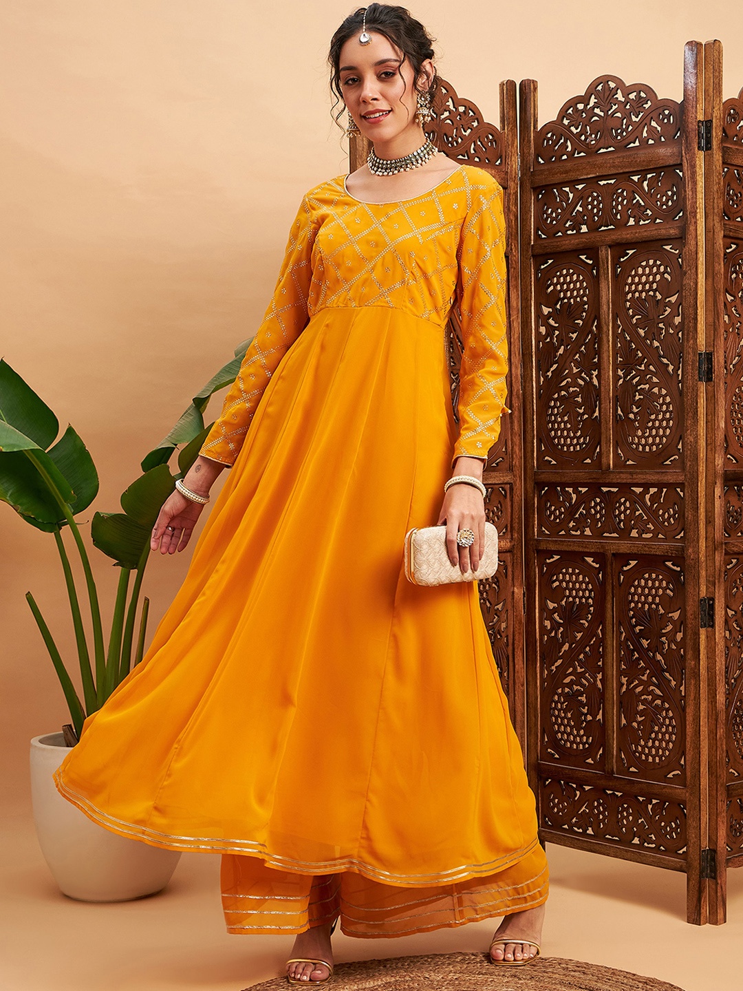 

Shae by SASSAFRAS Mustard Yellow Mukaish Work Floral Yoke Design Georgette Anarkali Kurta