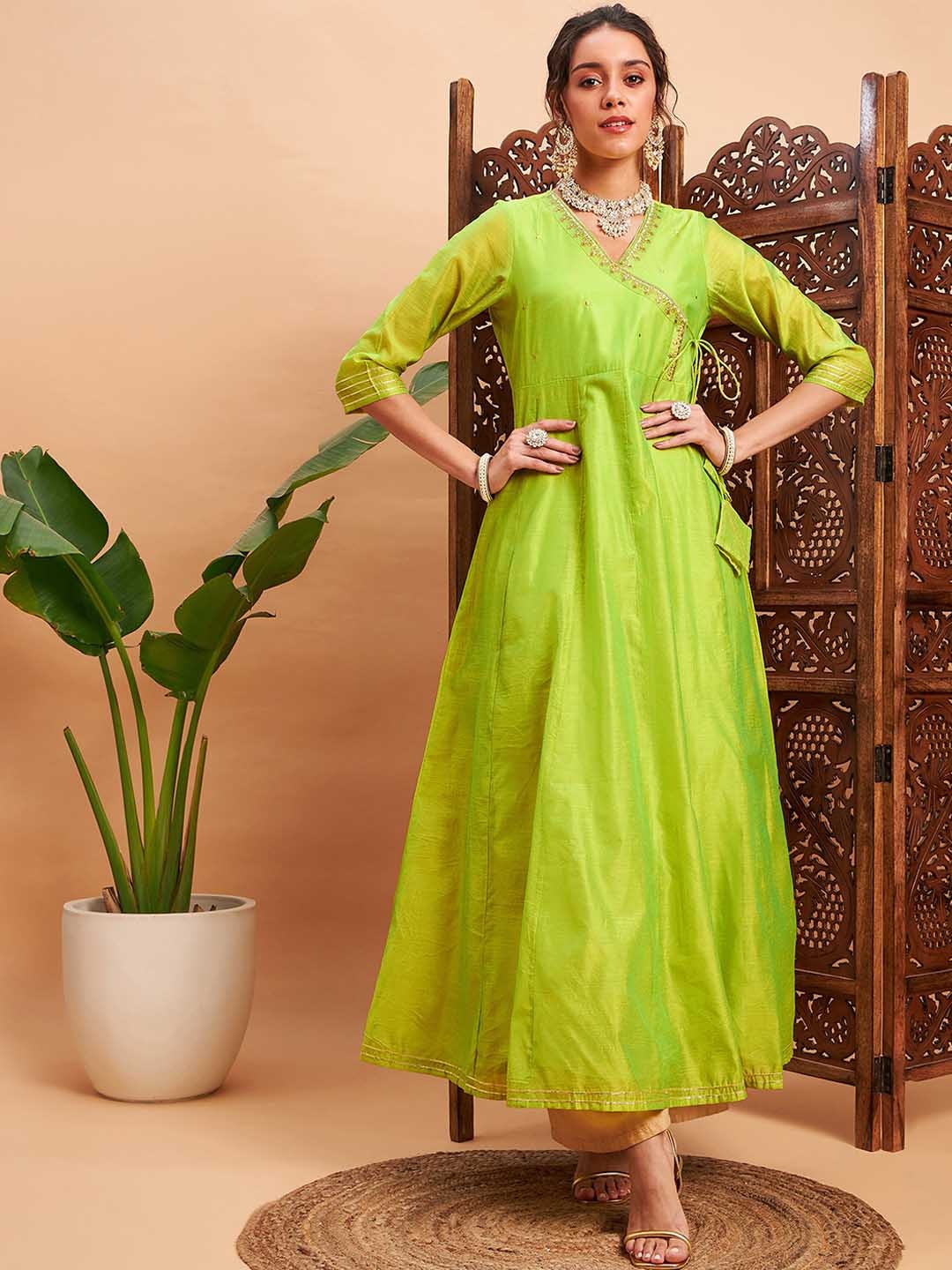 

Shae by SASSAFRAS Green Yoke Design Embroidered Angrakha Chanderi Silk Anarkali Kurta