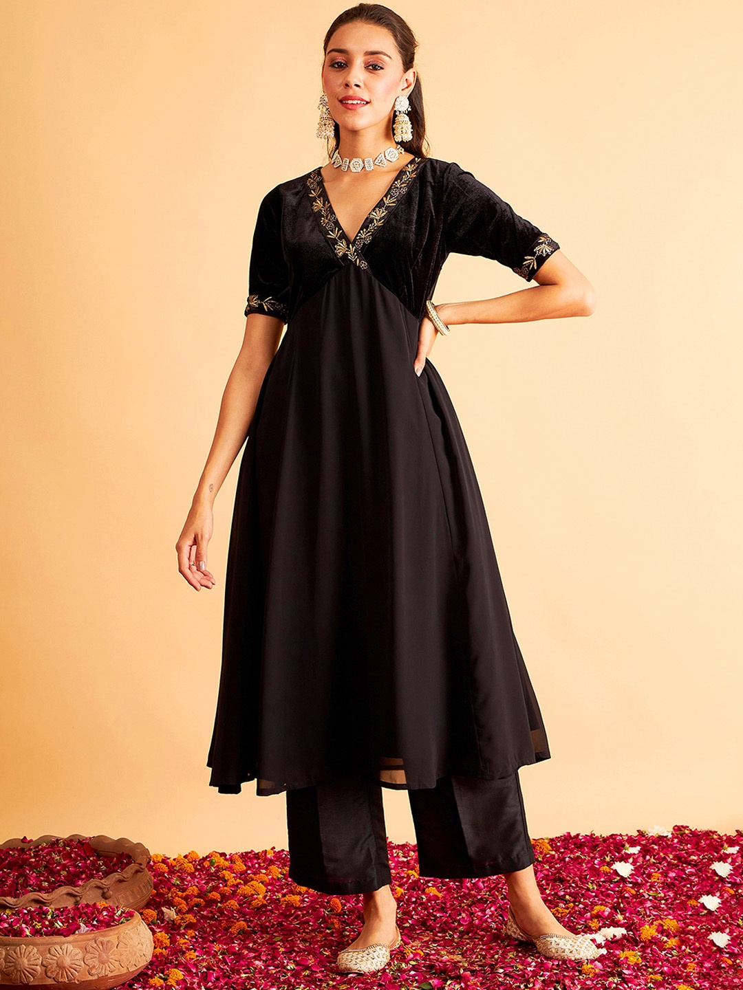 

Shae by SASSAFRAS Black Floral Yoke Design V-Neck Anarkali Dress