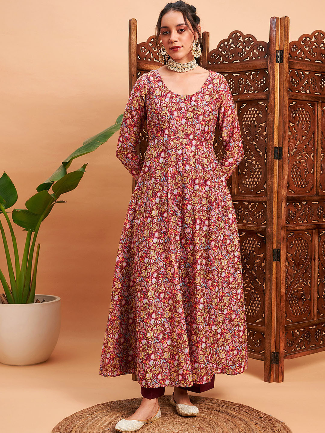 

Shae by SASSAFRAS Ethnic Motifs Printed Anarkali Chanderi Silk Kurta, Maroon