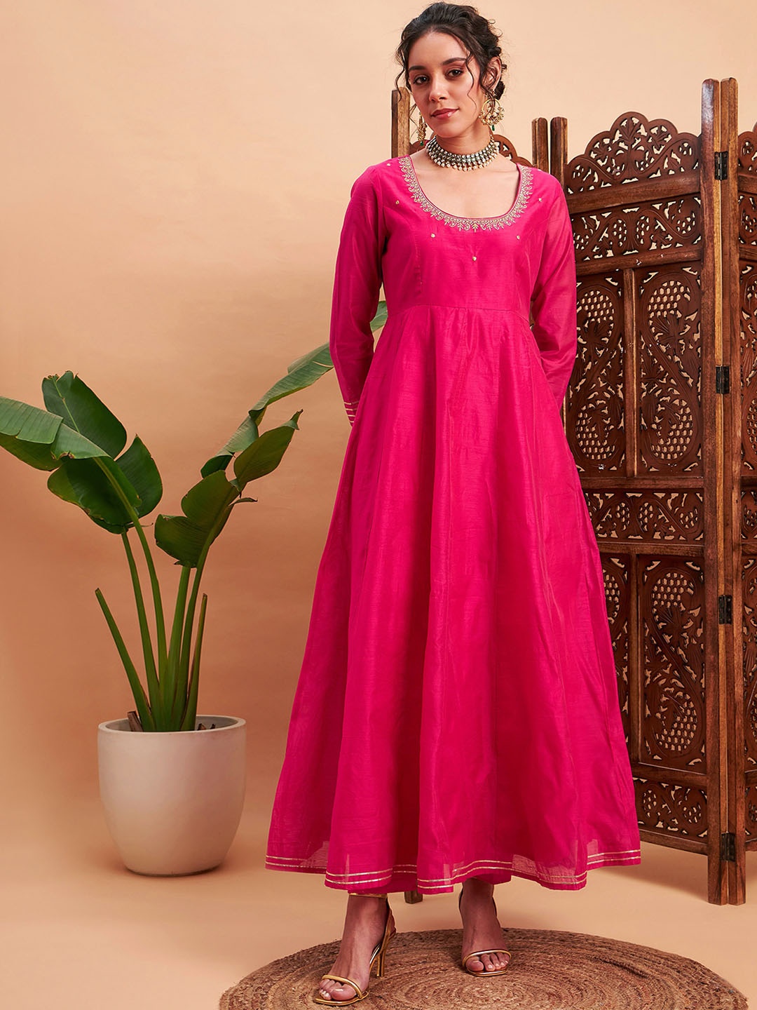 

Shae by SASSAFRAS Embroidered Chanderi Silk Maxi A-Line Ethnic Dresses, Fuchsia