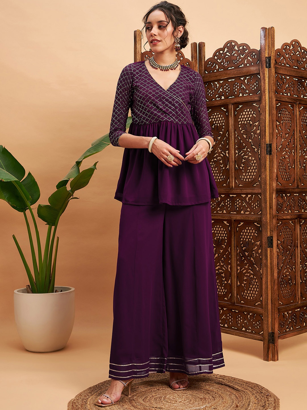 

Shae by SASSAFRAS Embellished V-Neck Top With Palazzo Pant Co-Ords, Burgundy
