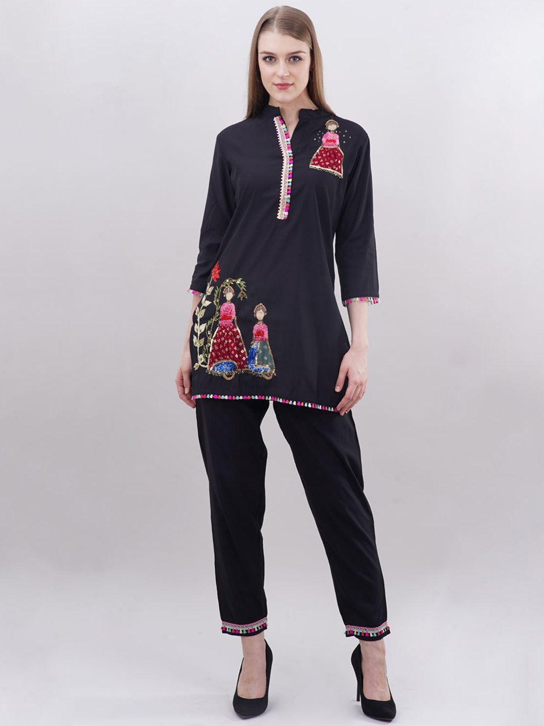 

Ashnaina Embroidered Mandarin Collar Tunic With Trousers, Black