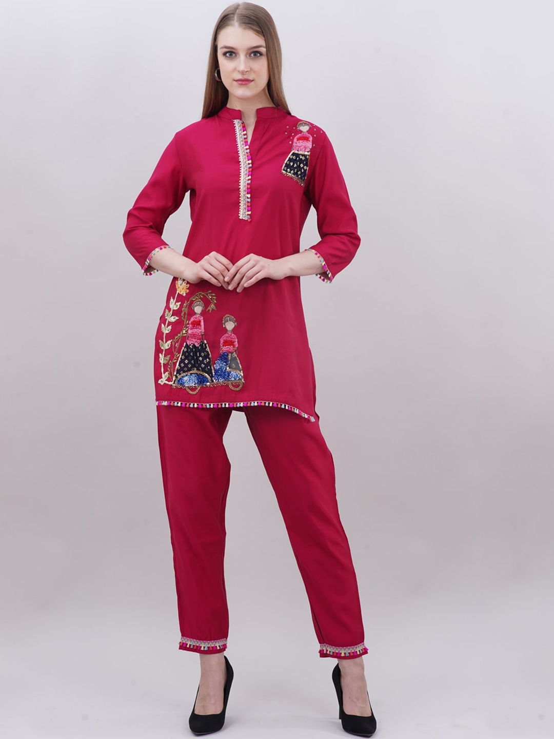 

Ashnaina Embroidered Mandarin Collar Tunic With Trousers, Red