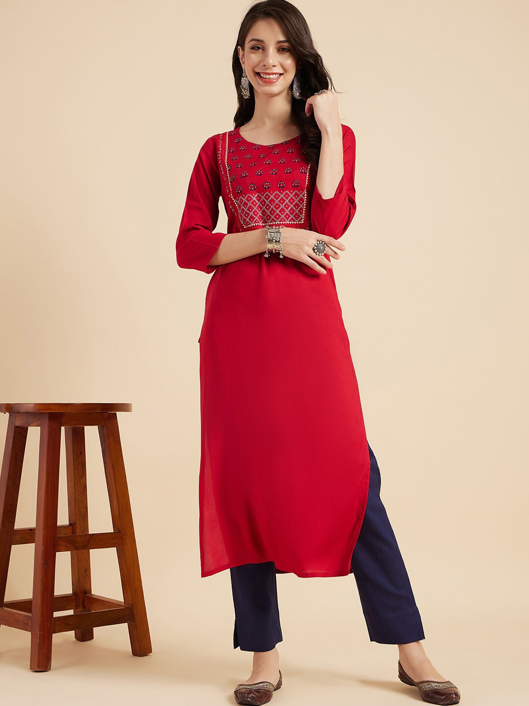 

Ramas Floral Yoke Design Thread Work Straight Kurta, Maroon