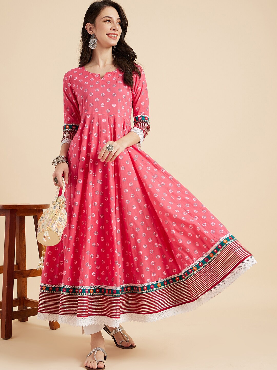 

Ramas Floral Printed Anarkali Cotton Kurta, Pink