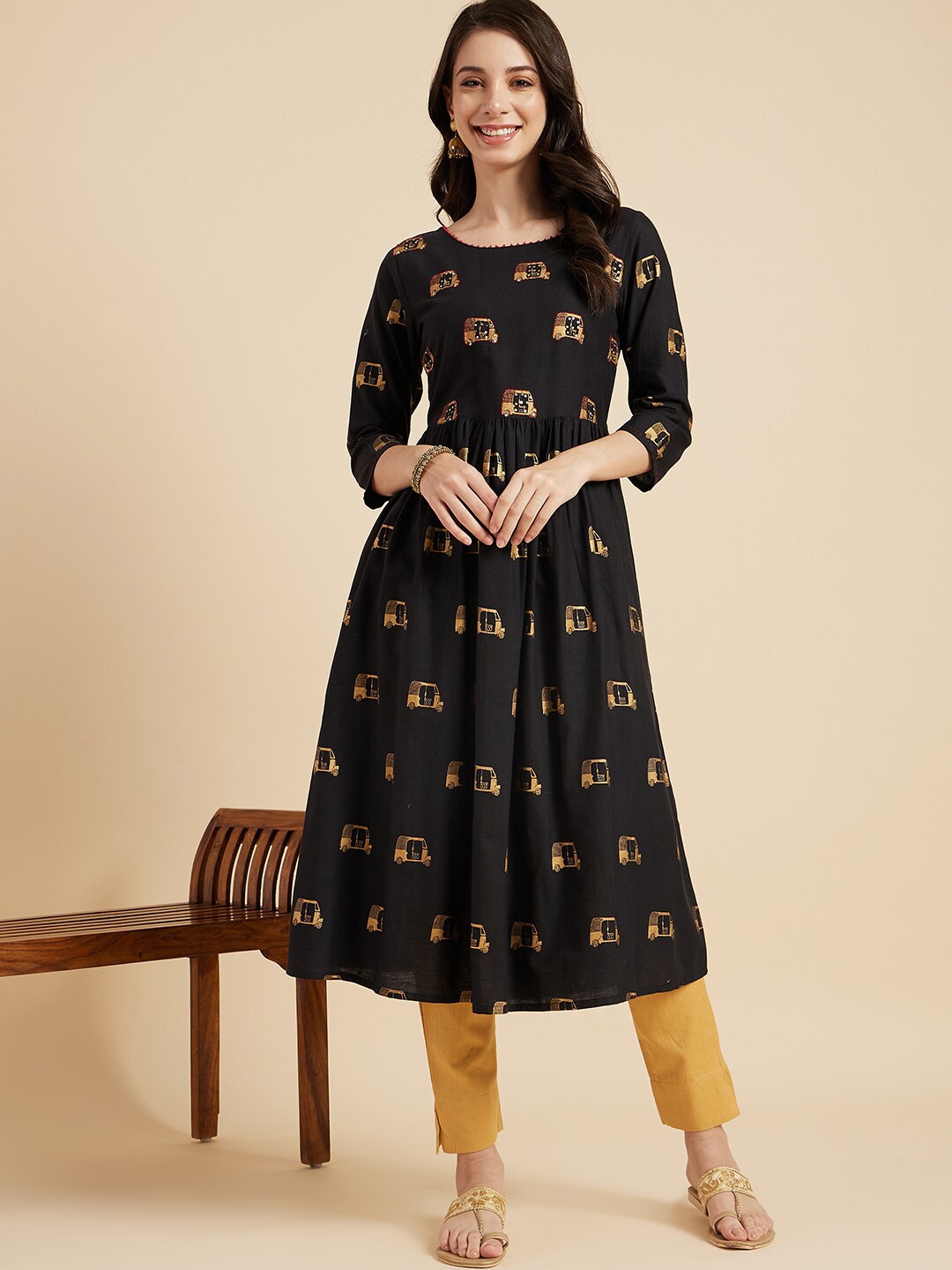 

Ramas Ethnic Motifs Printed Cotton A-Line Kurta, Black