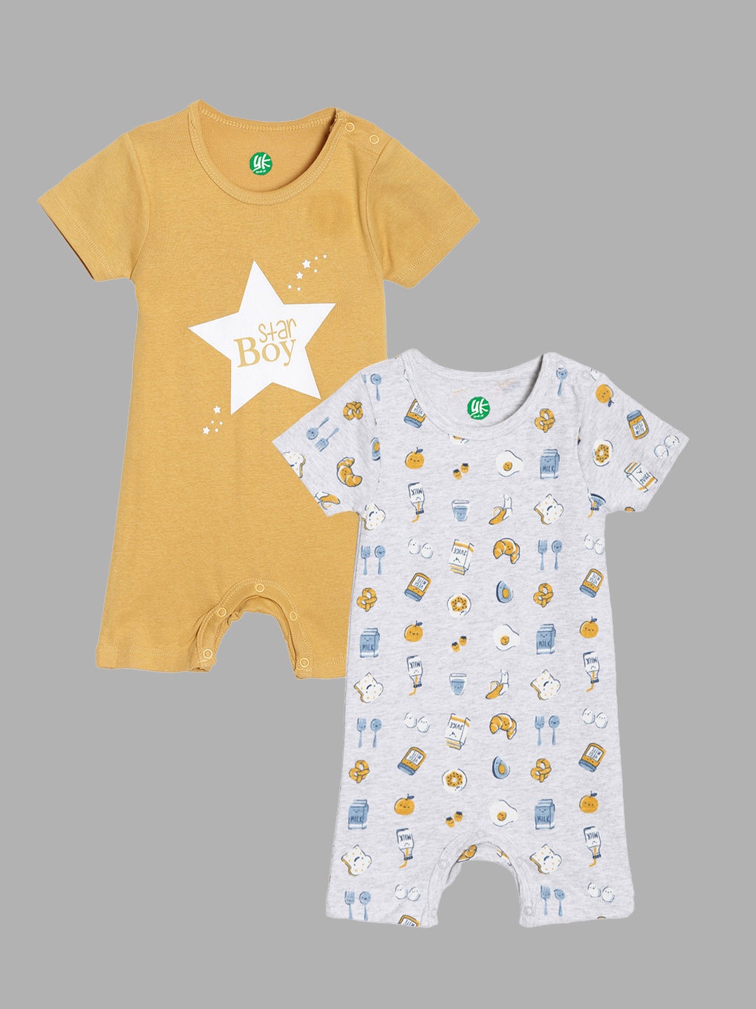 

YK Organic Infant Boys Pack Of 2 Printed Organic Cotton Rompers, Grey