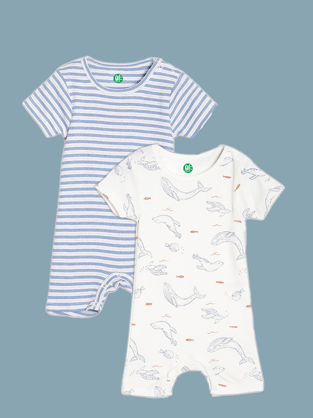 

YK Organic Infants Boys Pack Of 2 Printed Organic Cotton Rompers, Blue