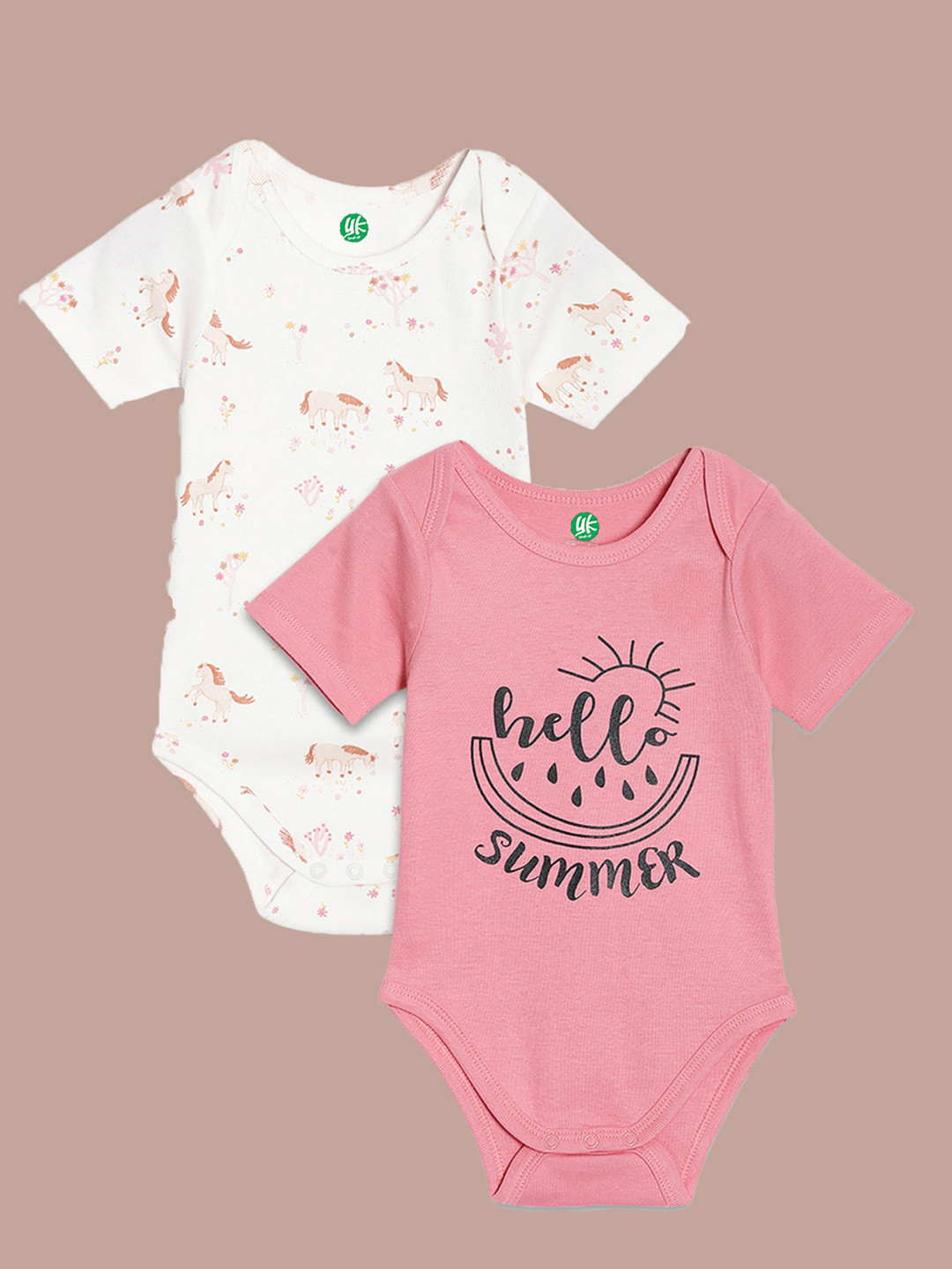 

YK Organic Infant Girls Pack Of 2 Printed Pure Organic Cotton Bodysuit, White
