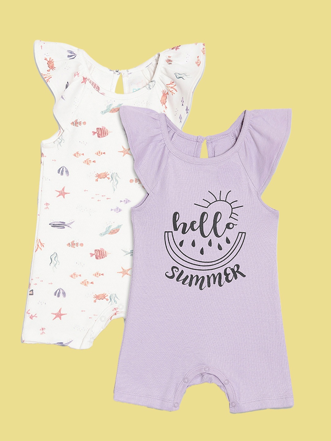 

YK Organic Infant Girls Pack Of 2 Printed Organic Cotton Rompers, White