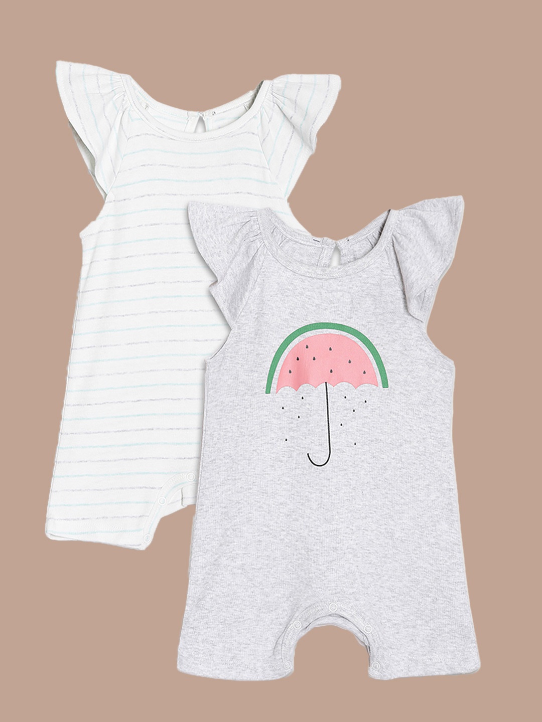 

YK Organic Infant Girls Pack Of 2 Printed Organic Cotton Rompers, Grey