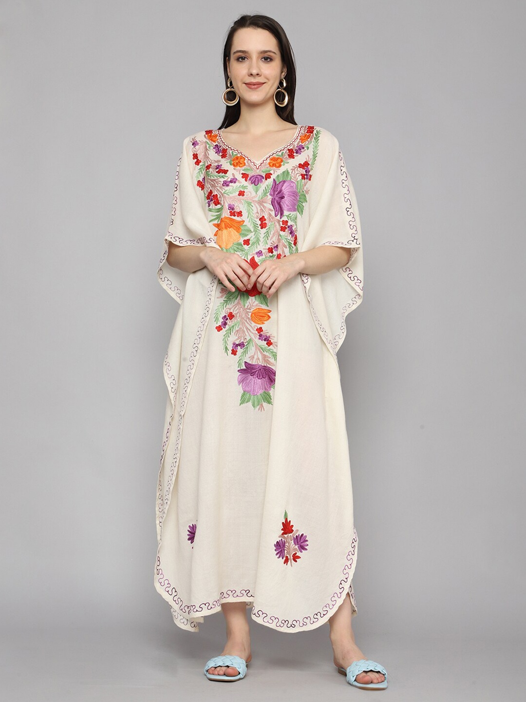 

CRAFTBAZAR Floral Printed Flared Sleeve Kaftan Maxi Wool Dress, Cream