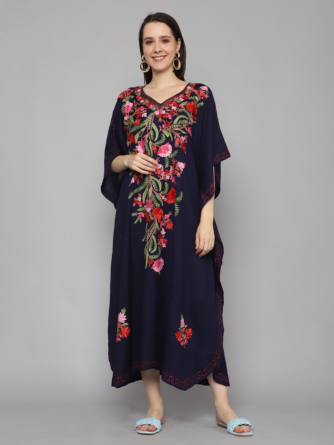 

CRAFTBAZAR Floral Printed Flared Sleeve Kaftan Maxi Wool Dress, Blue