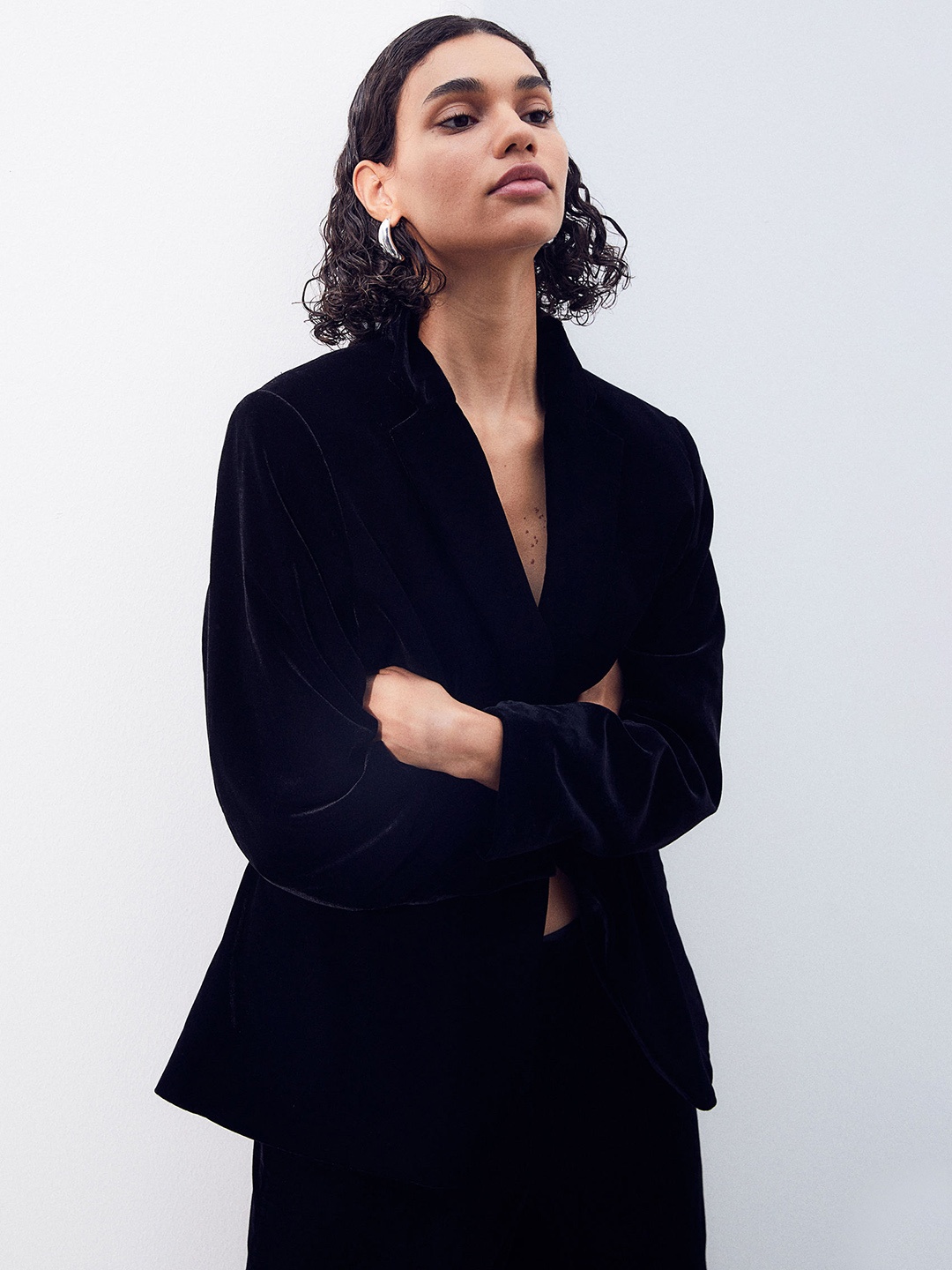 

H&M Single-Breasted Velvet Blazer, Black