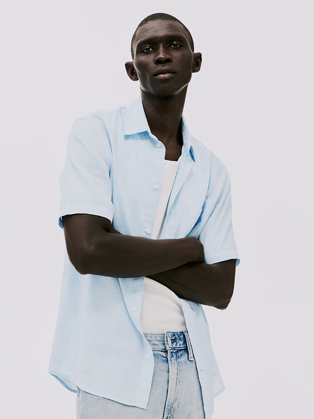 

H&M Regular Fit Short-Sleeved Cotton Shirt, Blue