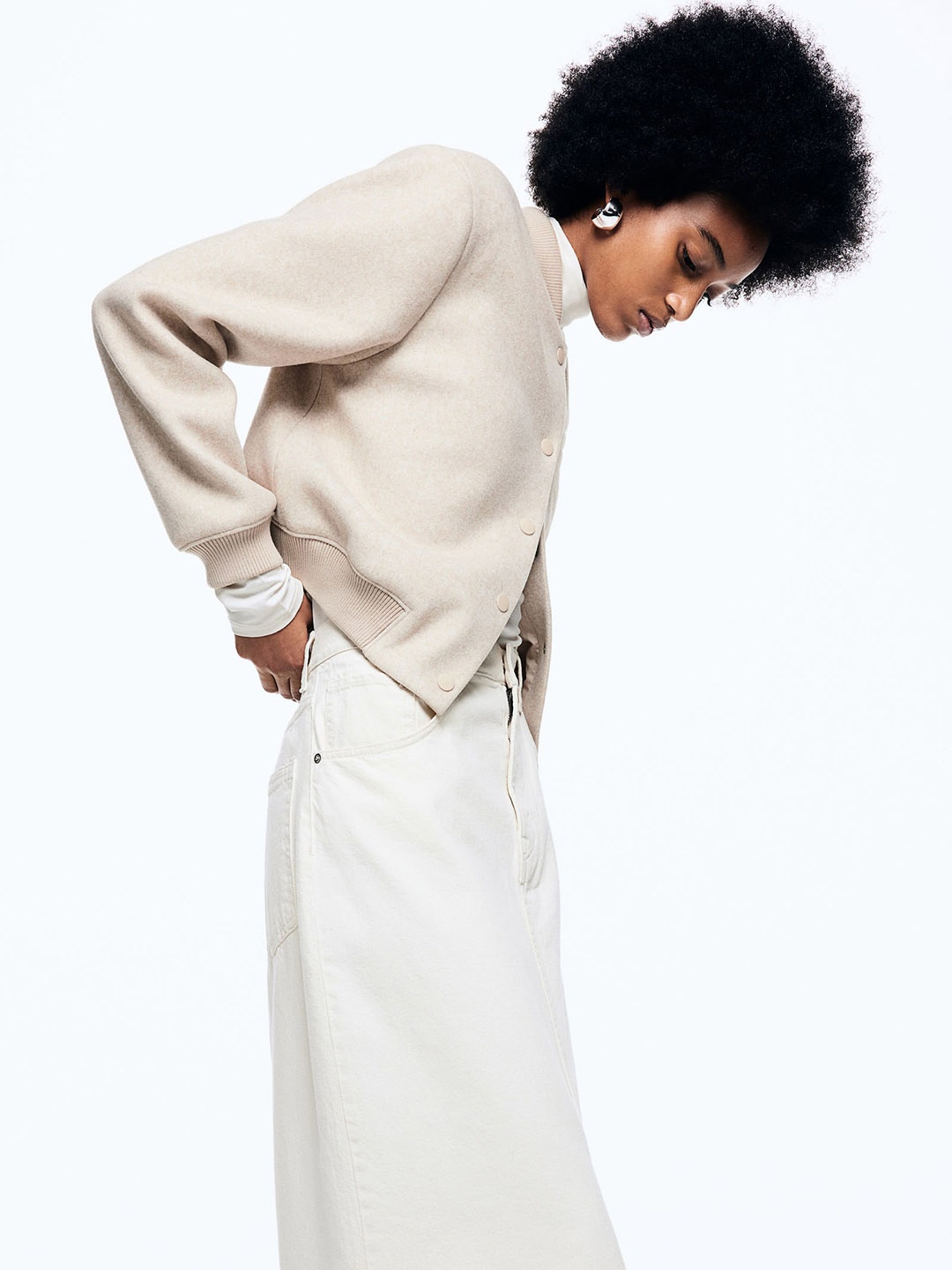 

H&M Cropped Bomber Jacket, Beige