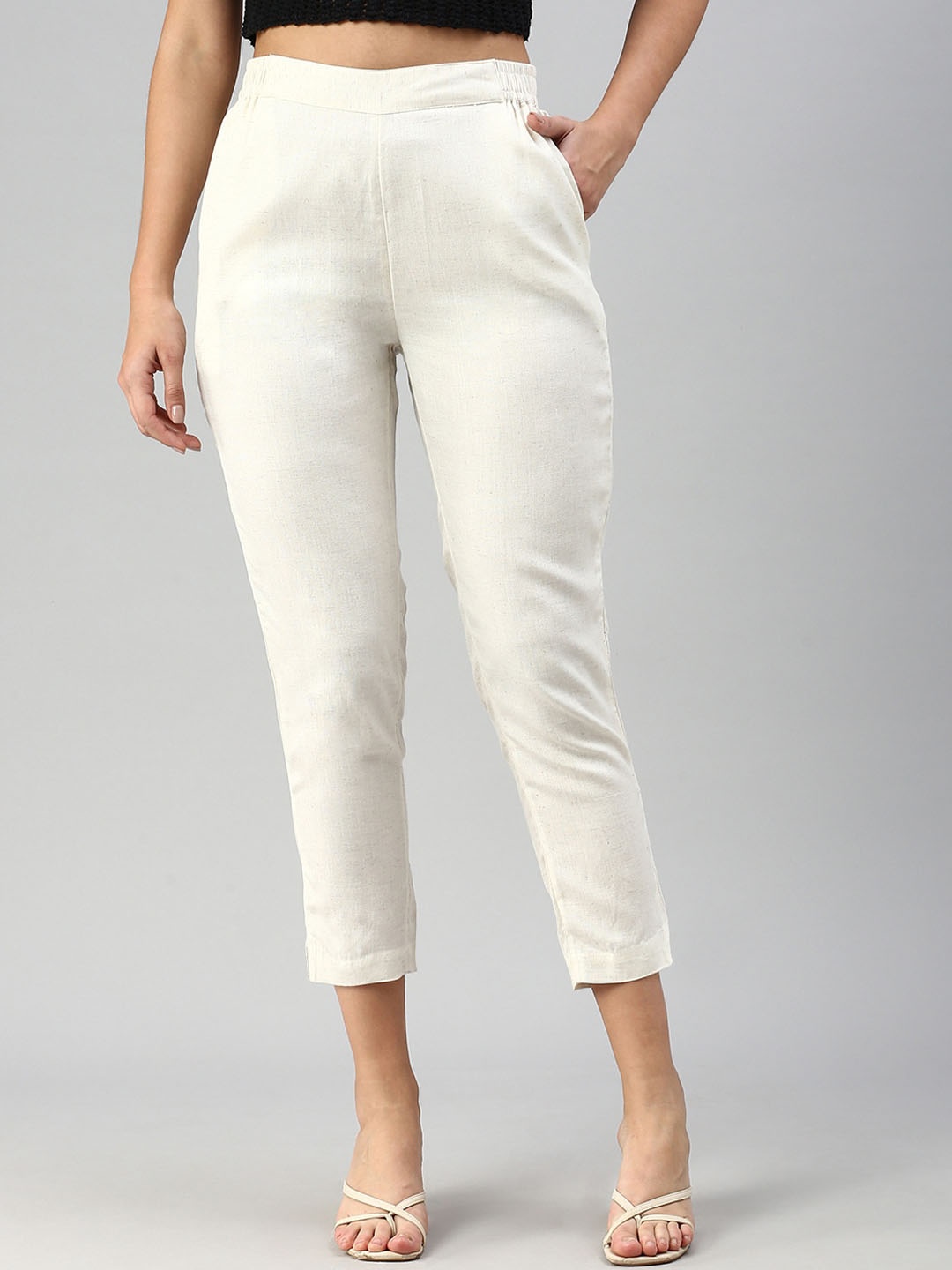 

De Moza Women Norma High-Rise Flat-Front Plain Trousers, Off white