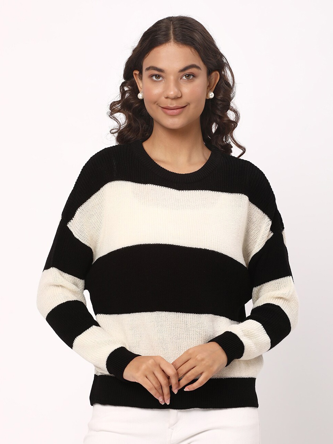 

R&B Striped Acrylic Pullover Sweater, Black