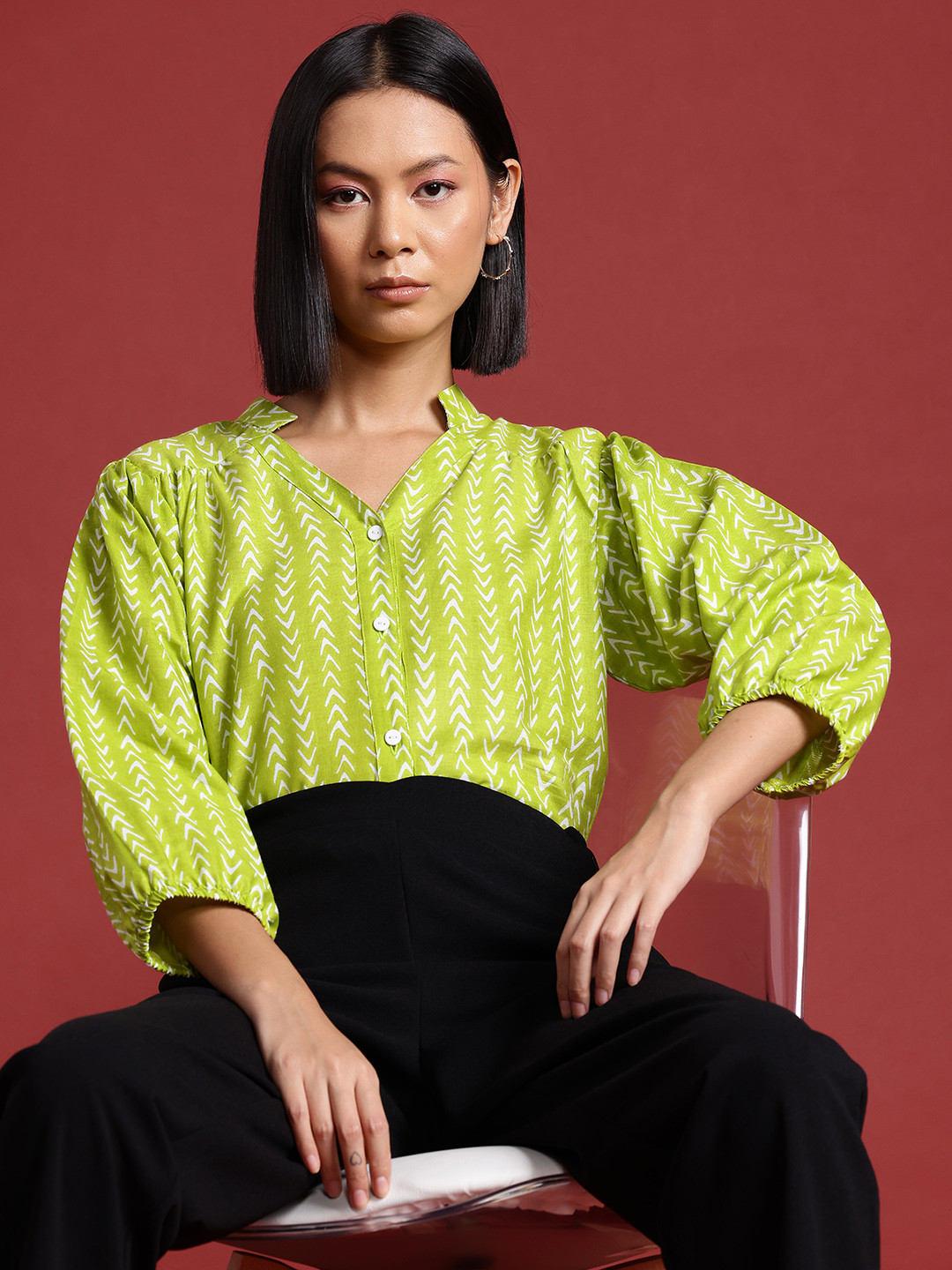 

all about you Geometric Print Mandarin Collar Puff Sleeve Cotton Shirt Style Top, Green