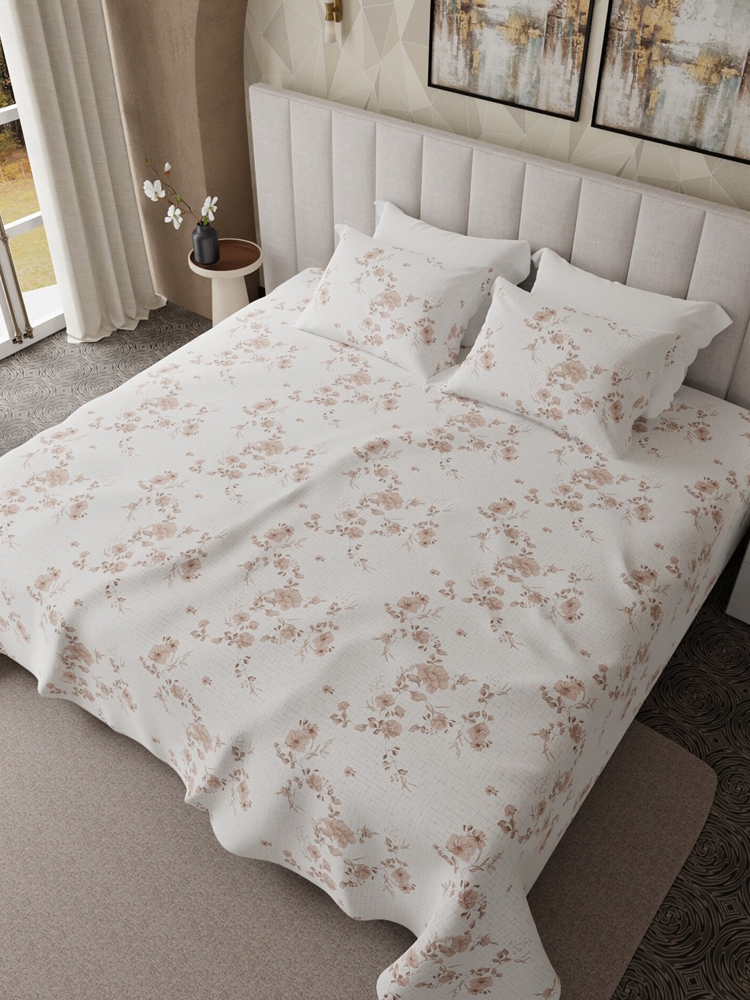 

HOUMN InfiniteMoments Brown & White Floral Cotton 300 TC King Bedsheet & 2 Pillow Covers