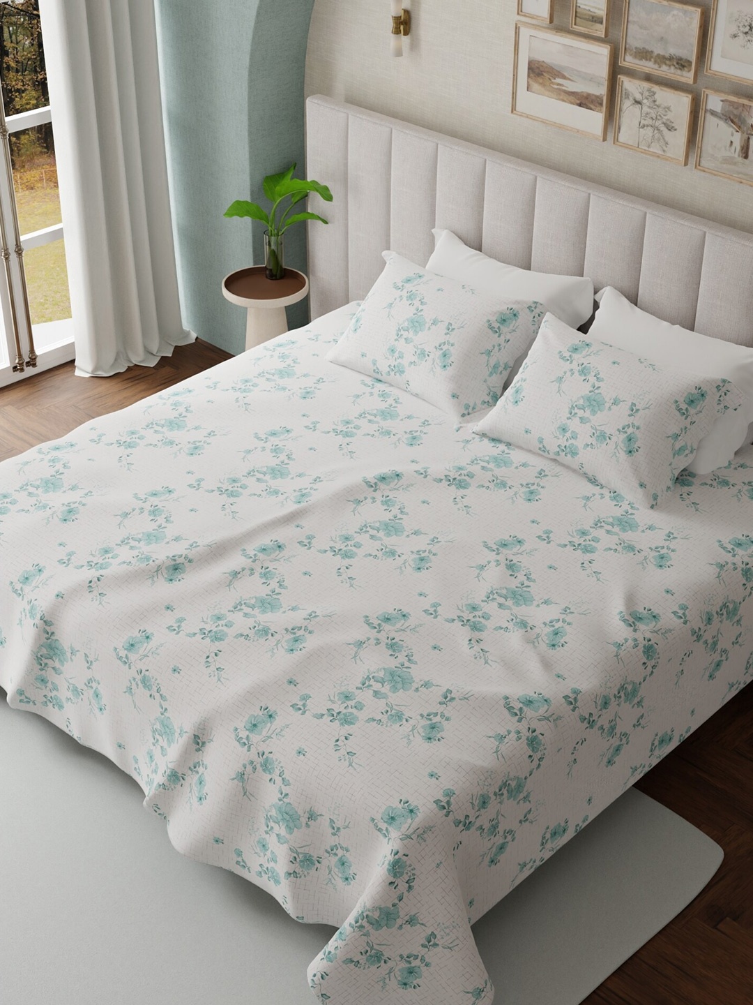 

HOUMN BlueRiver Blue & White Floral Cotton 300 TC King Bedsheet With 2 Pillow Covers