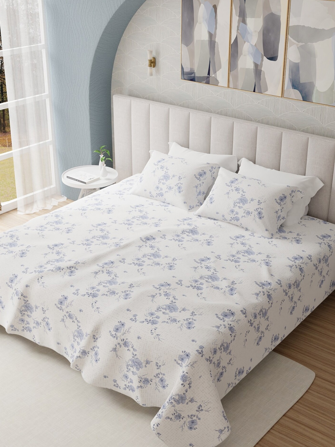 

HOUMN SuperLine Blue & White Floral Cotton 300 TC King Bedsheet With 2 Pillow Covers