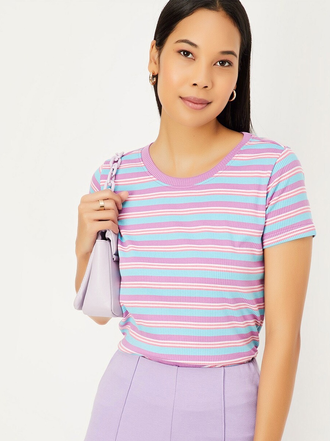 

max Striped Round Neck T-shirt, Purple