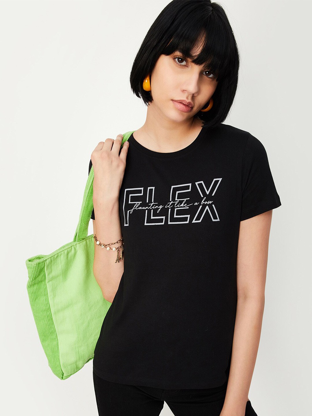 

max Typography Printed Cotton T-shirt, Black