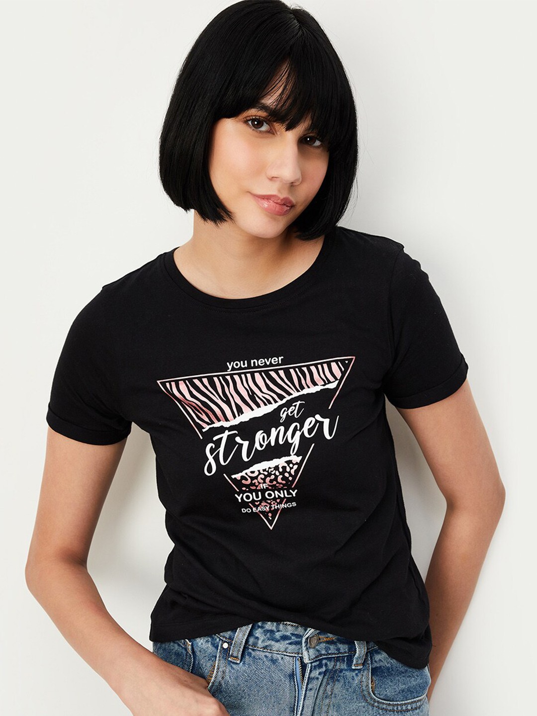 

max Typography Printed Cotton T-shirt, Black